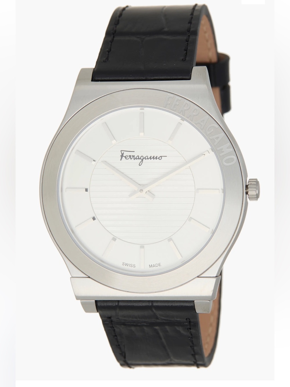 New! Salvatore Ferragamo Silver Case White Dial Black Leather Strap Watch